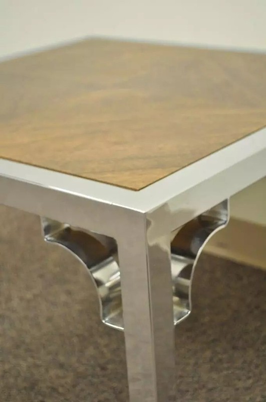 Vintage Mid Century Modern Chrome Fretwork & Walnut Square Side Table gallery