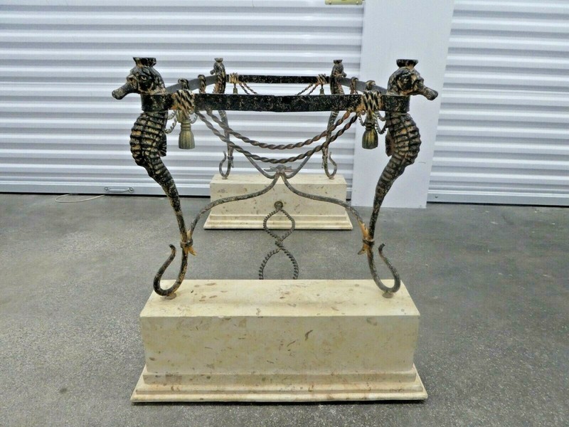 WROUGHT IRON SEAHORSE AND STARFISH CONSOLE TABLE ON TERRAZZO PLINTHS gallery