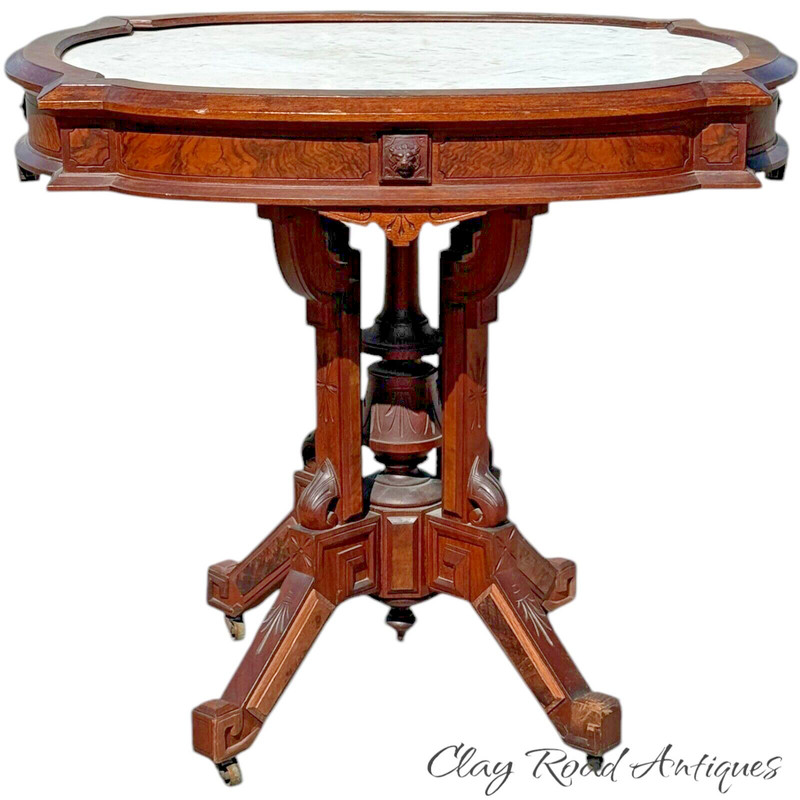 Antique Carved victorian walnut & rosewood marble top parlor center table stand