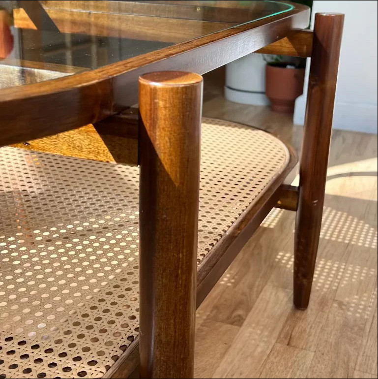Mid-Century Modern Rattan Glass Coffee Table Oval Two-Tier Solid Wood Frame gallery