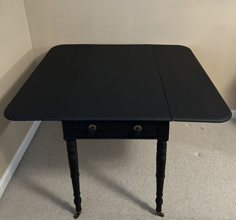 1890s Antique George 111 Sheraton (Matte Black) Drop Leaf Table on Brass Casters gallery