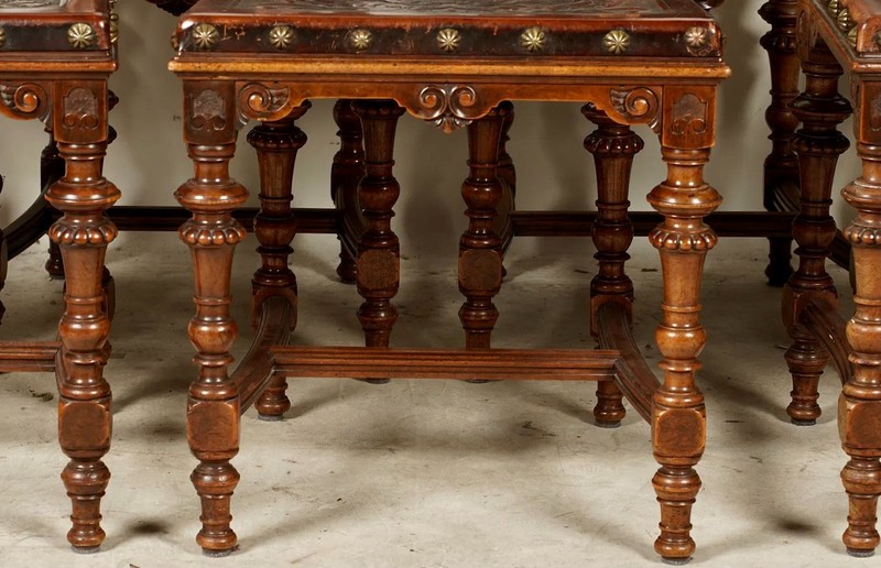 Spanish Revival Leather Embossed Carved Dining Chairs-Set of 6 gallery