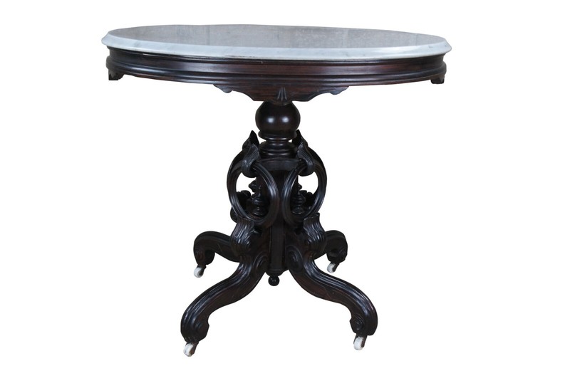 Antique Victorian Carved Rosewood Oval Marble Parlor Center Accent Table 32" gallery