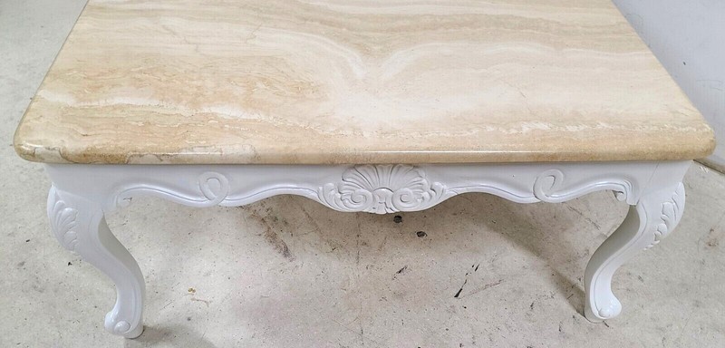 French Provincial Travertine Marble & Wood Cocktail Coffee Table gallery