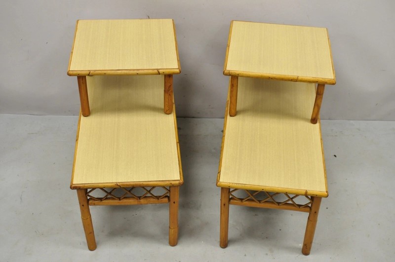 Vintage Mid Century Modern Tiki Room Rattan Bamboo Step Up End Tables - a Pair gallery