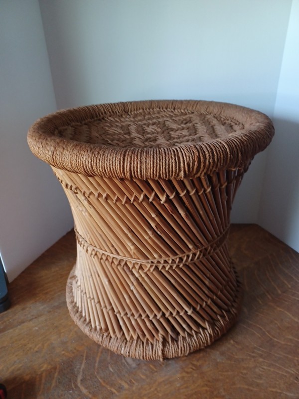 Vintage Table Ottoman Stool Cane Woven Boho Mid Century 15″