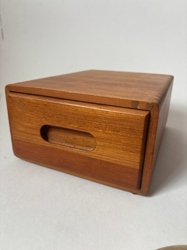 Vintage Danish Mid Century Solid Teak Dovetail Multi-use Box with Drawer Busines gallery
