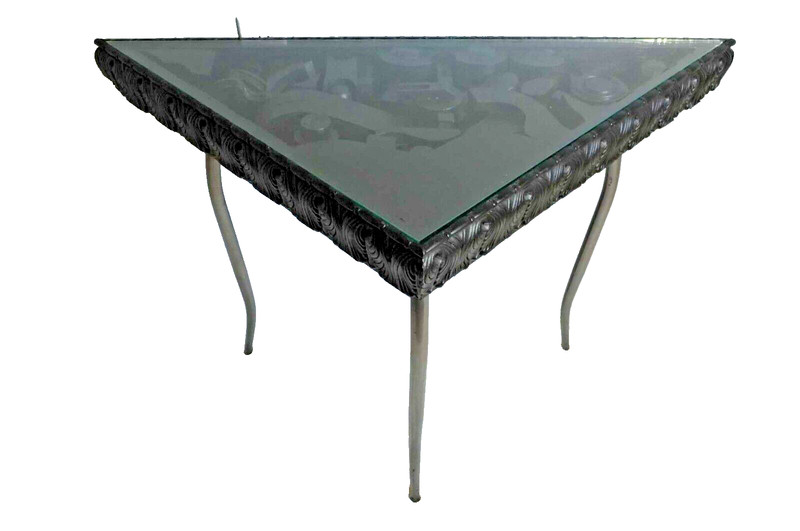 Louise Nevelson (after) Sculptural Collage Black Wood Accent Table Triangle MCM gallery