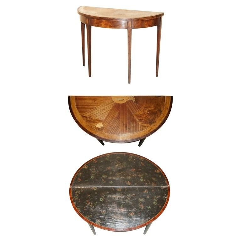 ORIGINAL DISTRESSED ANTIQUE GEORGIAN SHERATON DEMI LUNE CARVED TABLE LEATHER TOP