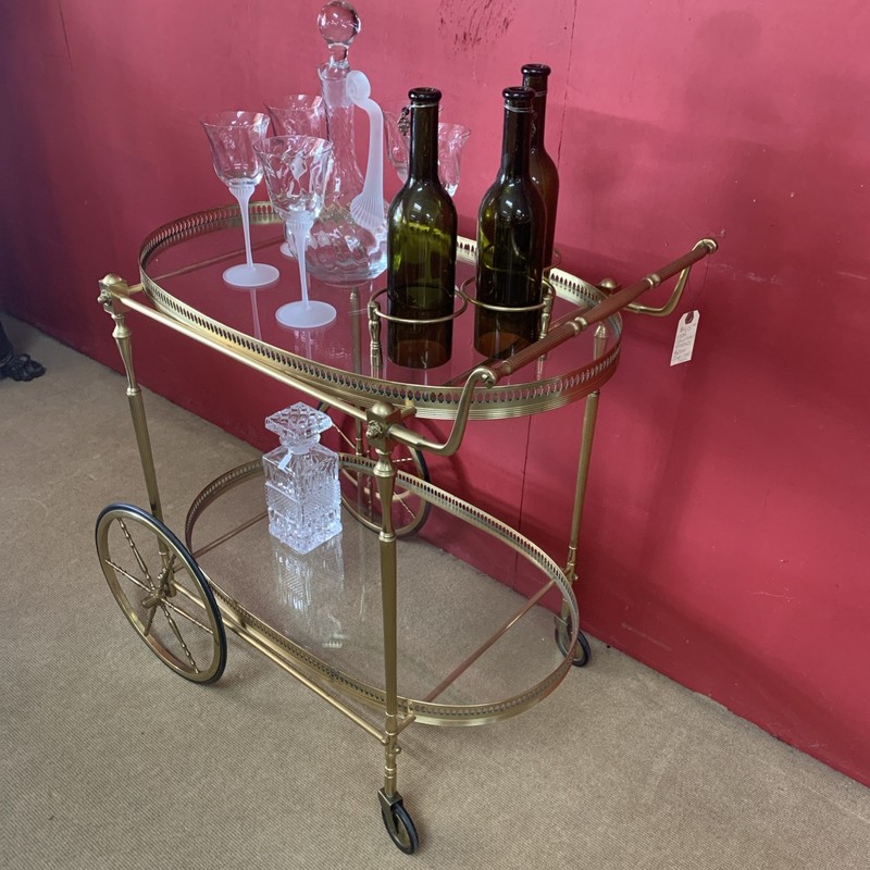 VTG Brass Italian Neoclassical 2 Tier Bar Cart Oval Glass Style of Maison Jansen gallery