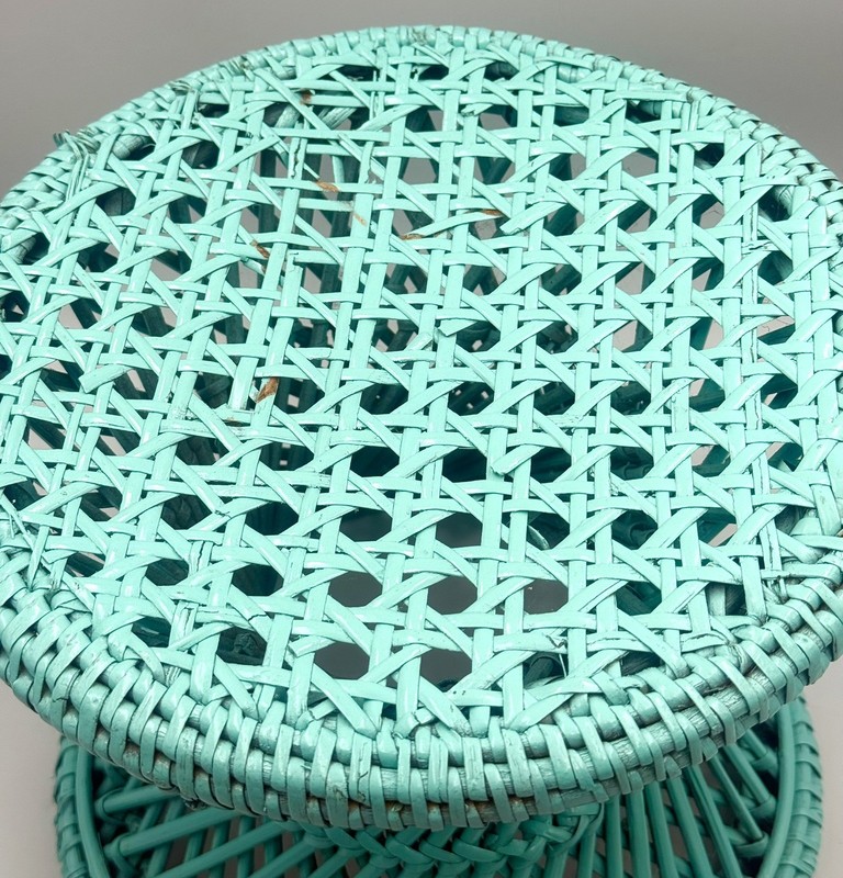 Vtg Turquoise Table Plant Stand Ottoman Stool Cane Rattan Wicker Woven Boho gallery