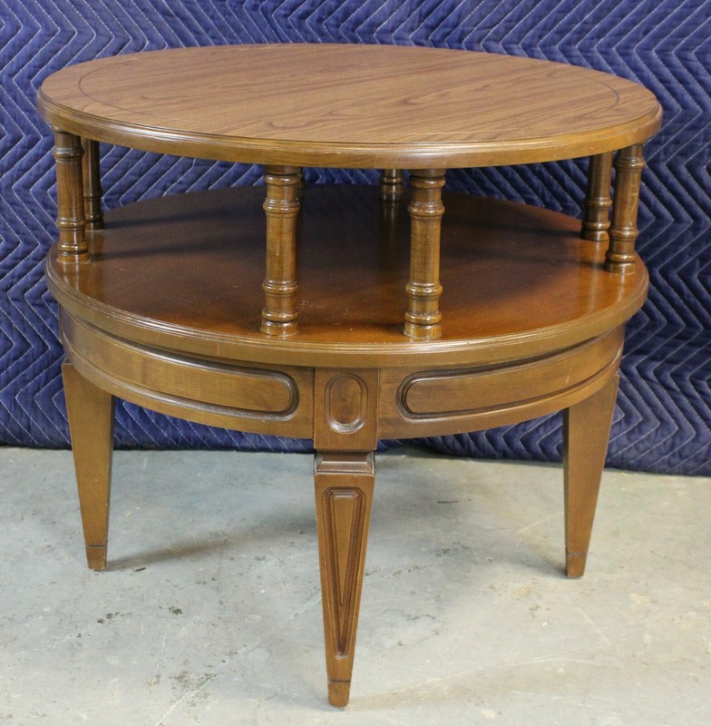 1970s Mersman Walnut Round Modern Tiered Side Accent Pedestal Table MCM 25" gallery