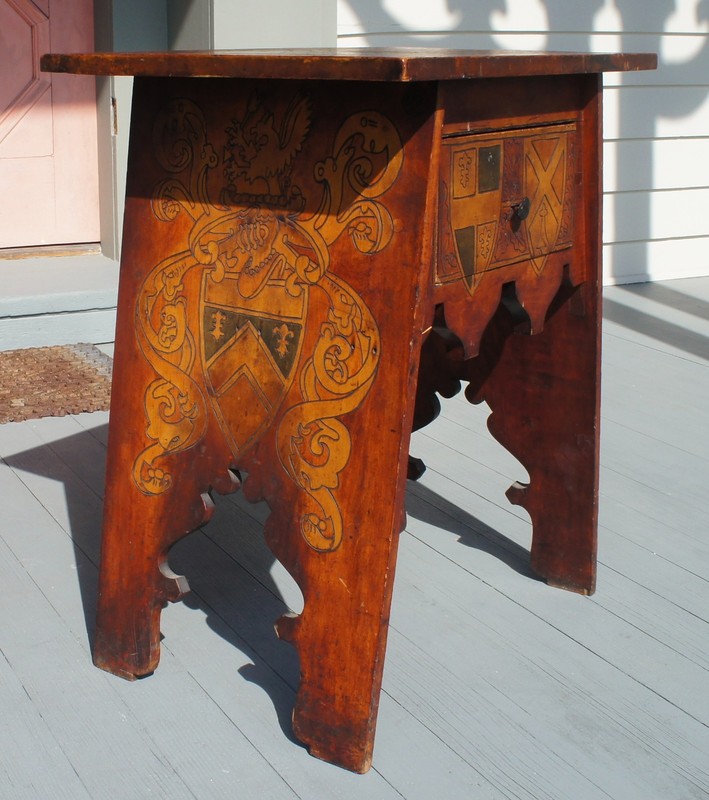 RARE ARTS & CRAFTS/ TUDOR REVIVAL SIGNED PYROGRAPHY TABLE W/ EXTENSIVE ORNAMENT gallery