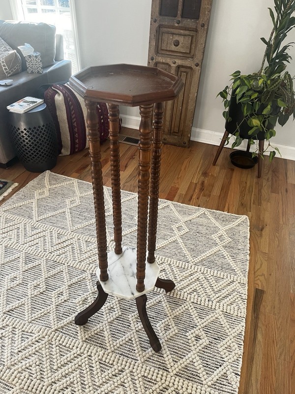 Vintage Traditional Turned Walnut & Marble Plant Stand Pedestal