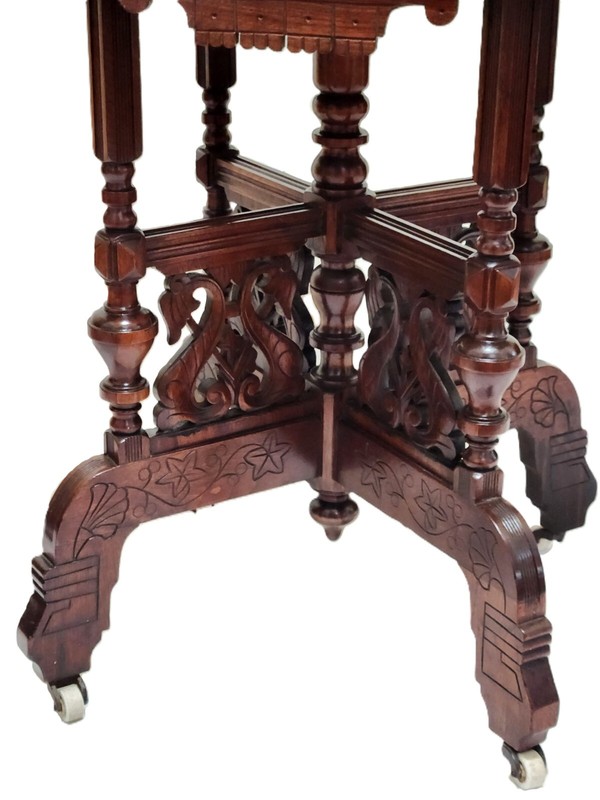 Center Parlor TABLE, Eastlake Victorian, Burl Walnut, Lyre, TN Brown Marble,33"L gallery