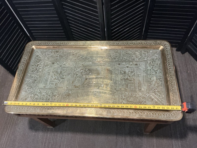 Vintage Brass Engraved Coffee Table Middle Eastern Tray Top Carved Wood Base MCM gallery