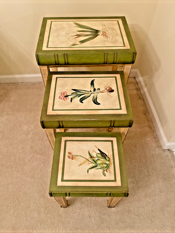 Set of 3 Nesting Tables Italian Style Faux Leather Bound Library Book Botanical gallery
