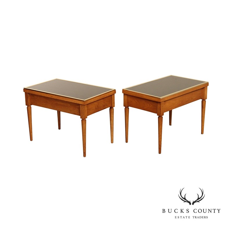 Mid Century Modern Directoire Sty. Pair of Black Glass Top Fruitwood Side Tables