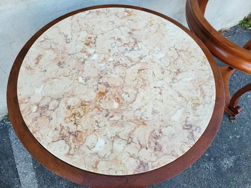 PAIR ANTIQUE ENGLISH REGENCY MAHOGANY ROUND PINK MARBLE SOFA TABLE W BRASS FEET gallery