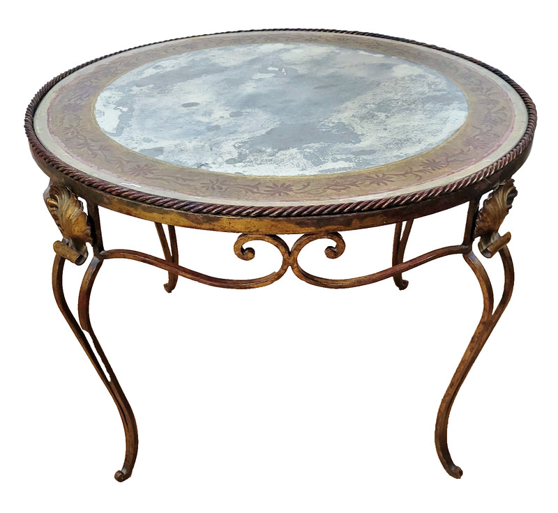 Vintage ITALIAN Mid-Century MODERN GILT Metal & MIRROR Shell ROUND COFFEE TABLE