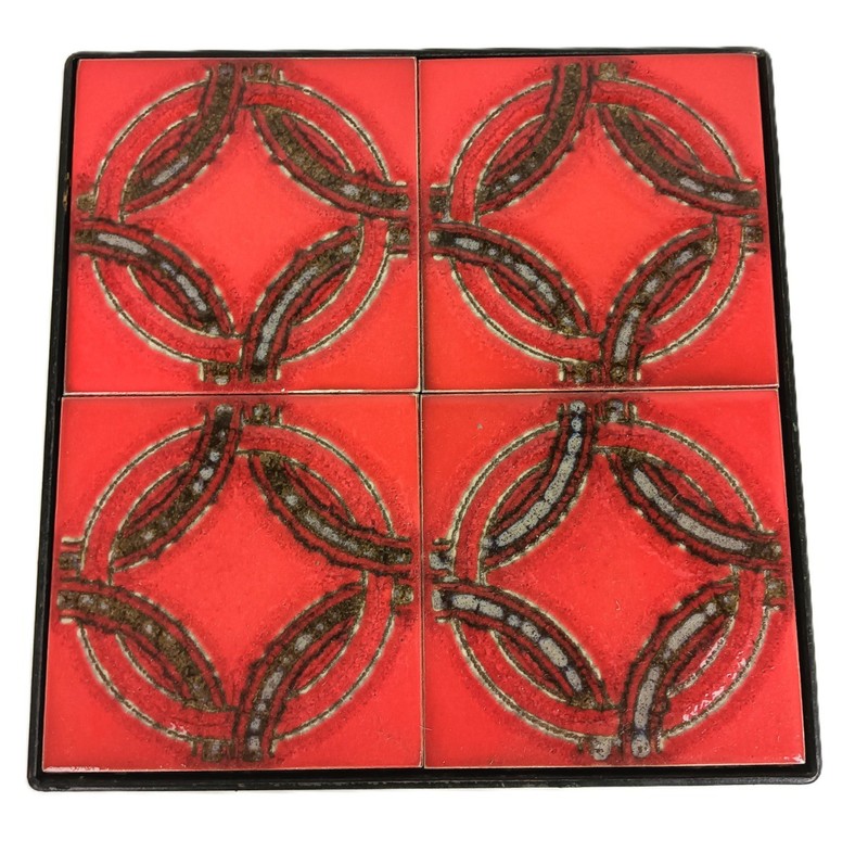 Vintage Wrought Iron & Ceramic Tile Side Table with Red Abstract Design gallery