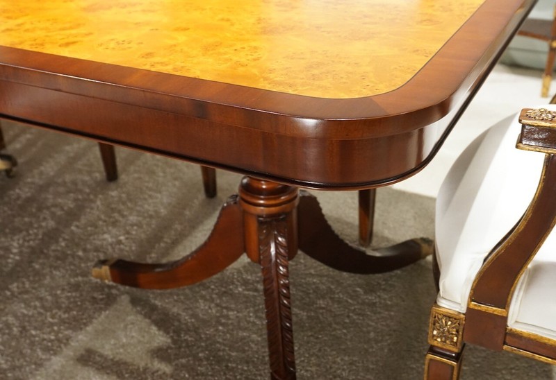 12' traditional mahogany with burl 3 pedestal formal dining table gallery
