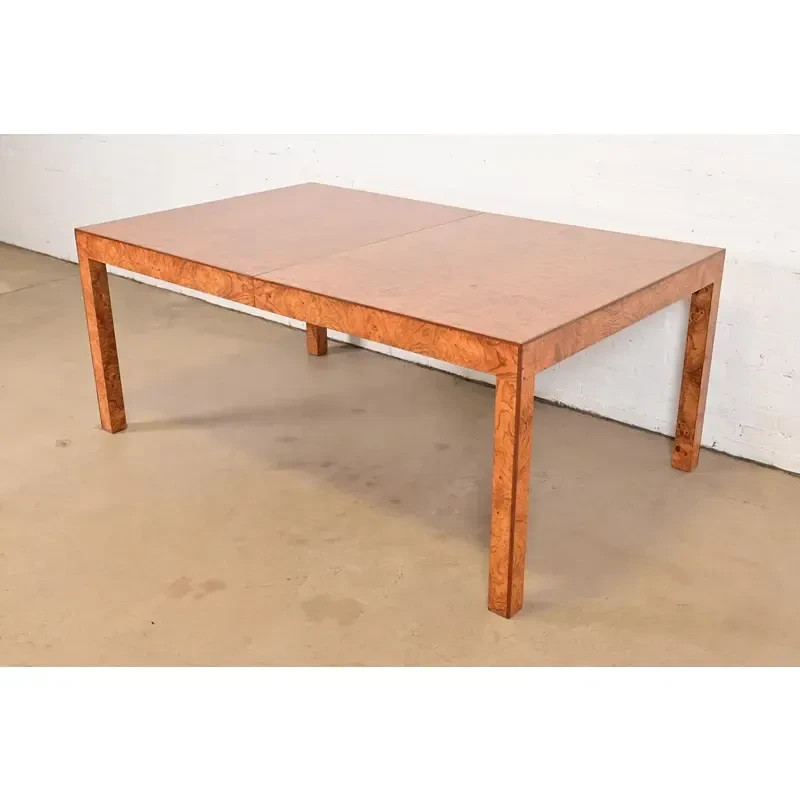 Milo Baughman Style Burl Wood Parsons Extension Dining Table, Newly Refinished gallery