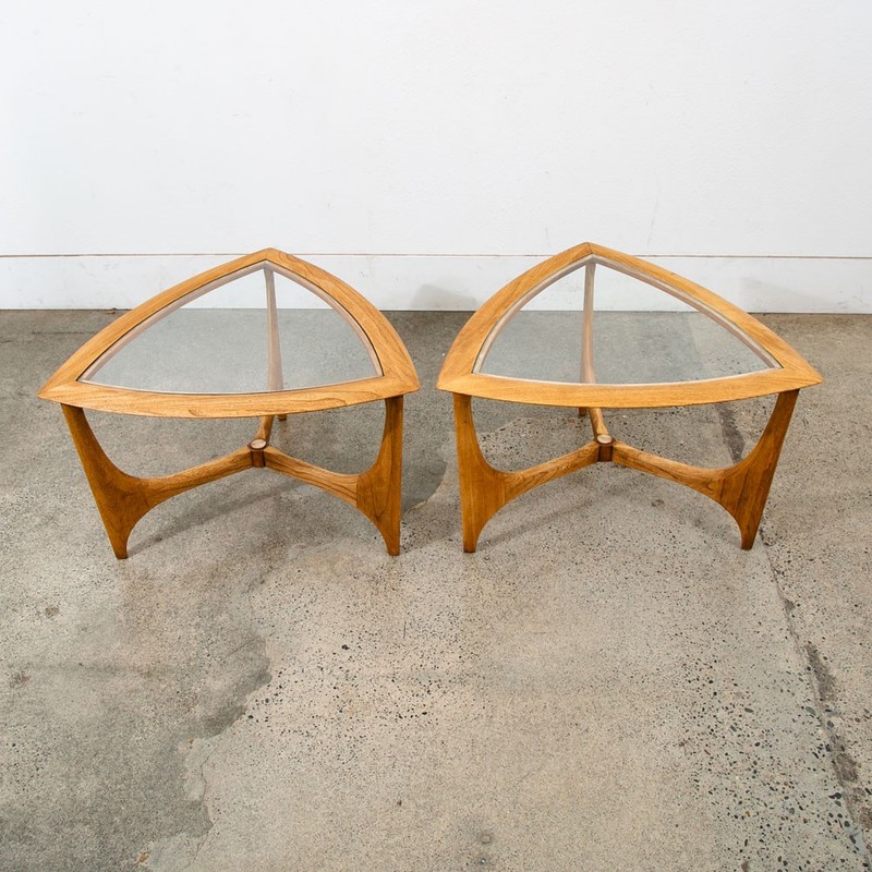 Mid Century Modern Cocktail Table Set Side End Round Glass Triangular Lane Pair gallery