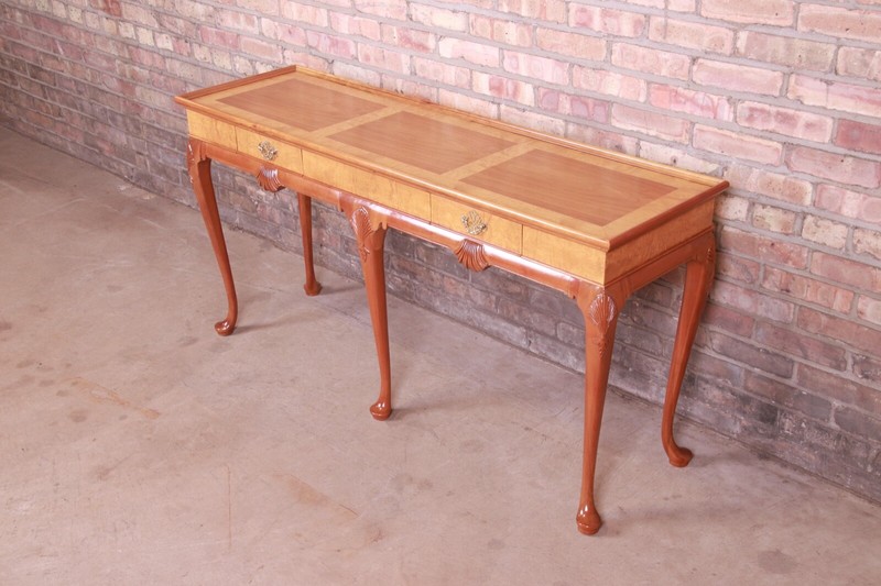 Baker Furniture Queen Anne Cherry and Burl Wood Console or Sofa Table, Newly Ref
