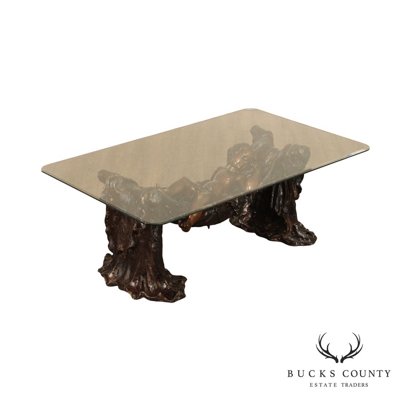 Classical Style Cast Bronze Sleeping Putti Glass Top Coffee Table