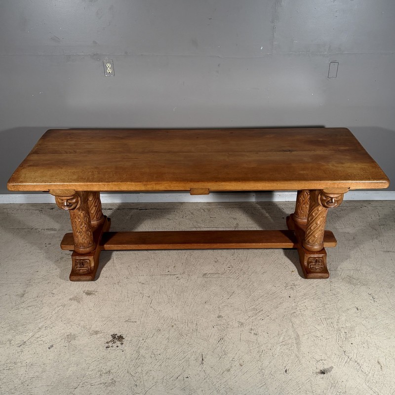 Antique French Gothic Revival Solid Oak Farm Dining Table gallery