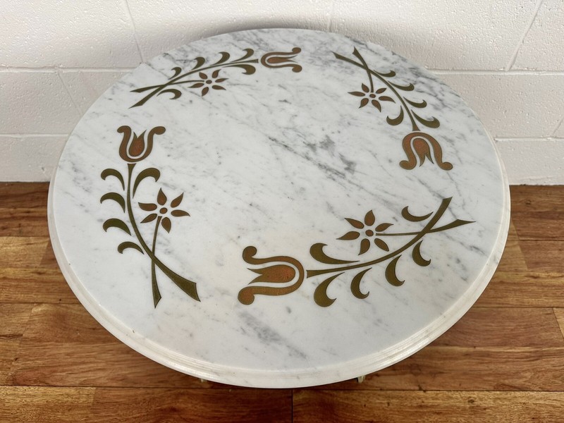 Italian Hollywood Regency Marble Top Side Table /w Brass Accents gallery