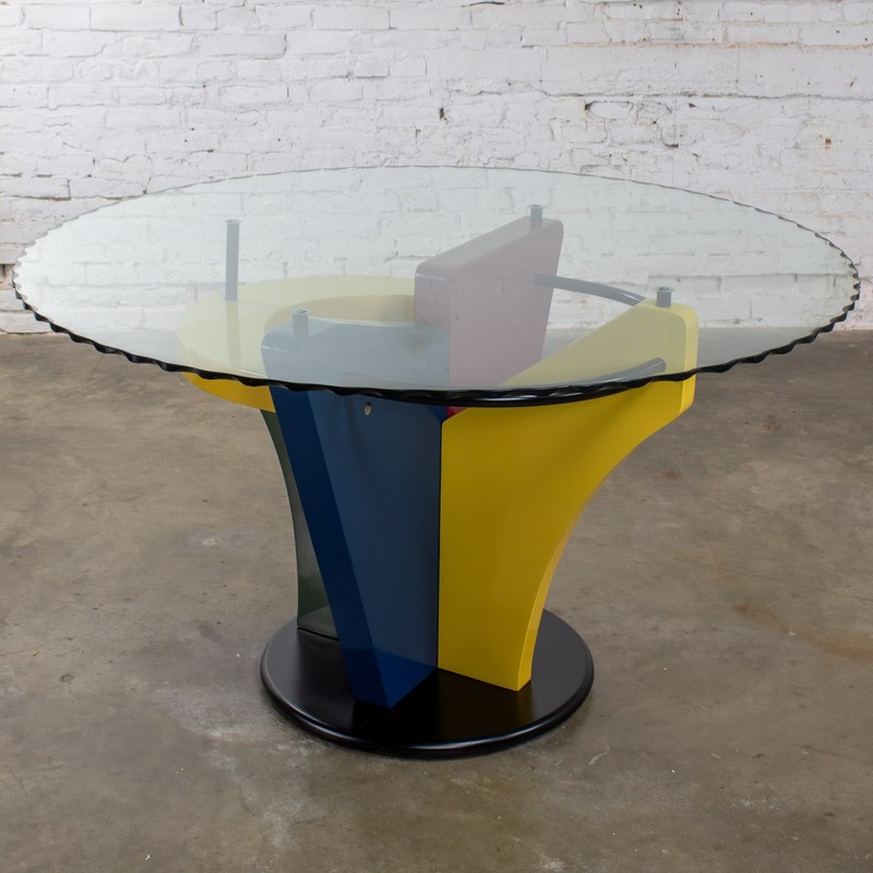Postmodern Dining Table Geometrical Base Round & Glass Top Style Memphis Group gallery