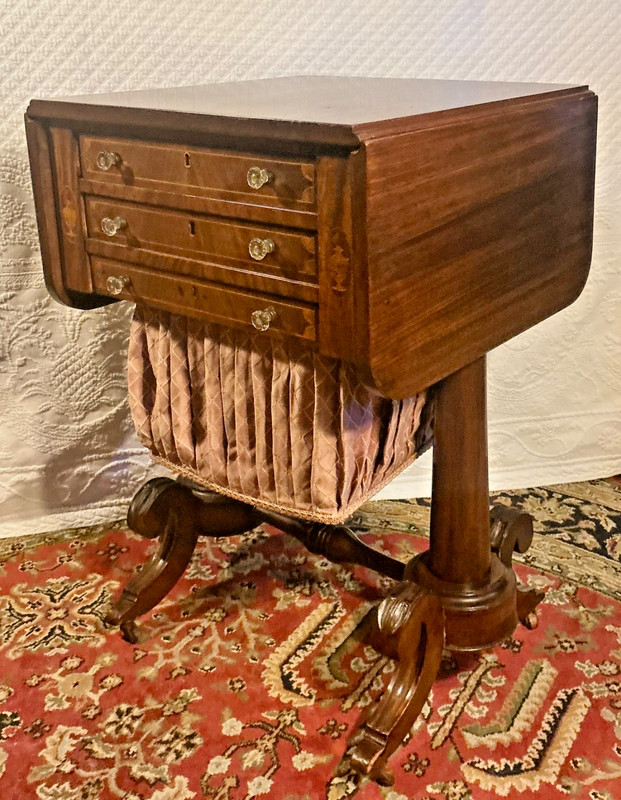 Bench Made Classical Empire 3 Drawer Drop Leaf Sewing Table Solid Walnut & Inlay
