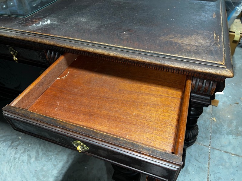 Antique Early 1900s Excel Mfg. Oak Jacobean Renaissance Revival 80” Sideboard gallery