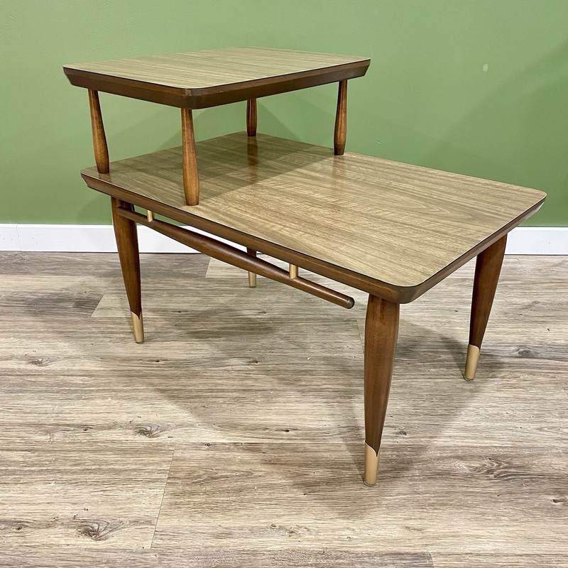 Vintage MCM Danish-Inspired Two-Tier End Table | Refinished Brass Accents