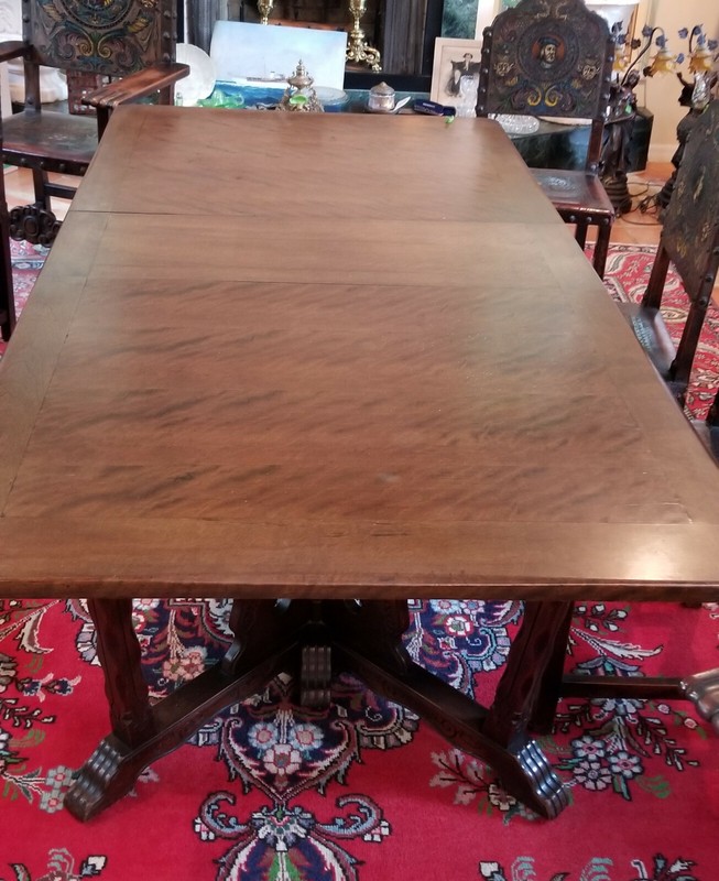 ANTIQUE 19c SPANISH RENAISSANCE REVIVAL CARVED WOOD DINING TABLE + 6 EXTENSION gallery