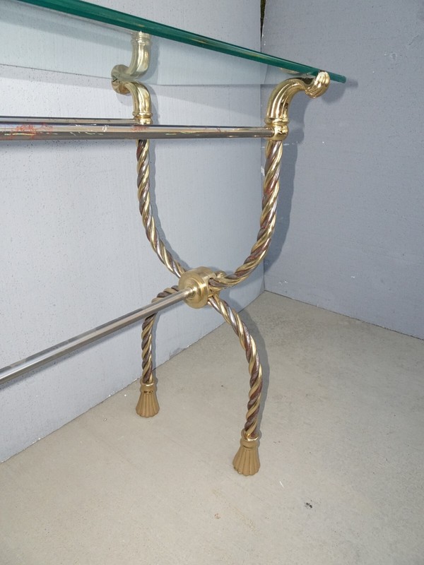 Vintage Brass Chrome Tasseled Twist Rope Sofa Side Table - Hollywood Regency gallery
