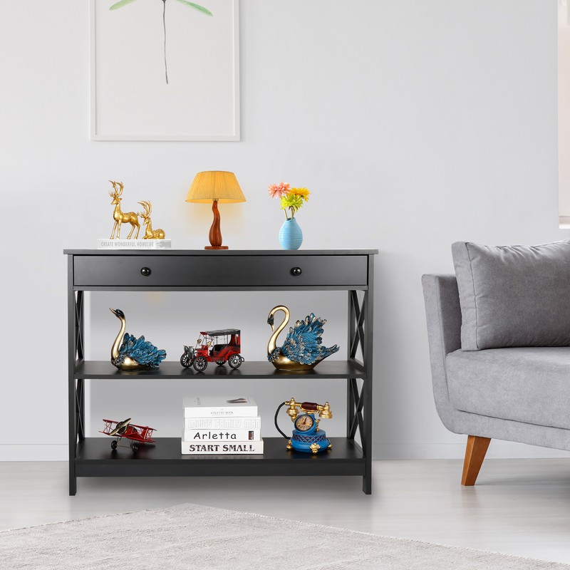 3 Tier Wood Console Table Entryway Table Narrow Sofa Side Table w/Drawer Black gallery