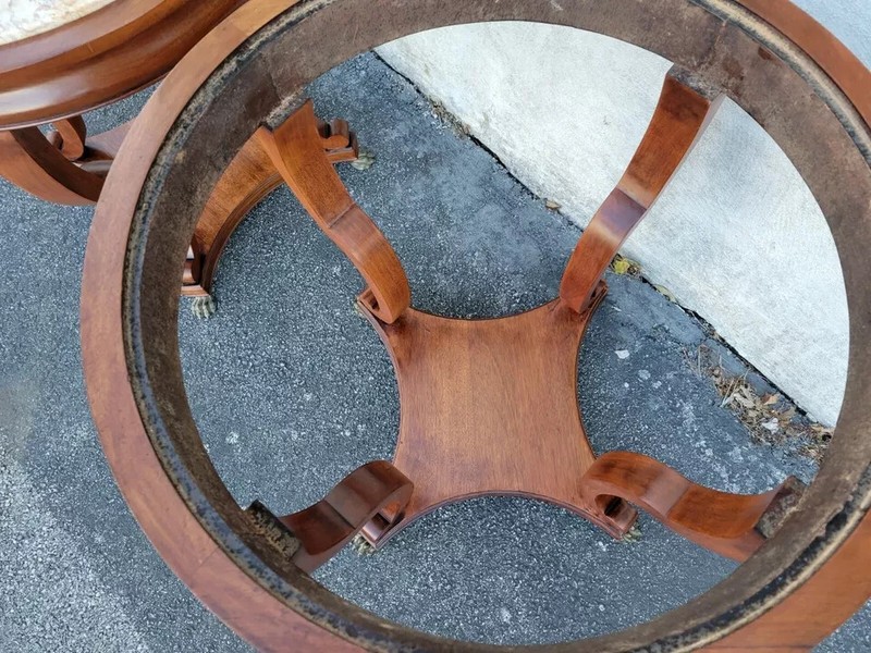PAIR ANTIQUE ENGLISH REGENCY MAHOGANY ROUND PINK MARBLE SOFA TABLE W BRASS FEET gallery