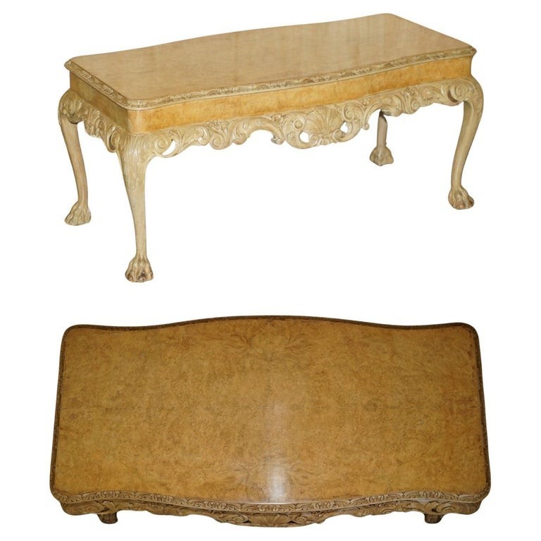 EXQUISITELY HAND CARVED BURR WALNUT COFFEE COCKTAIL TABLE LION’S HAIRY PAW LEGS