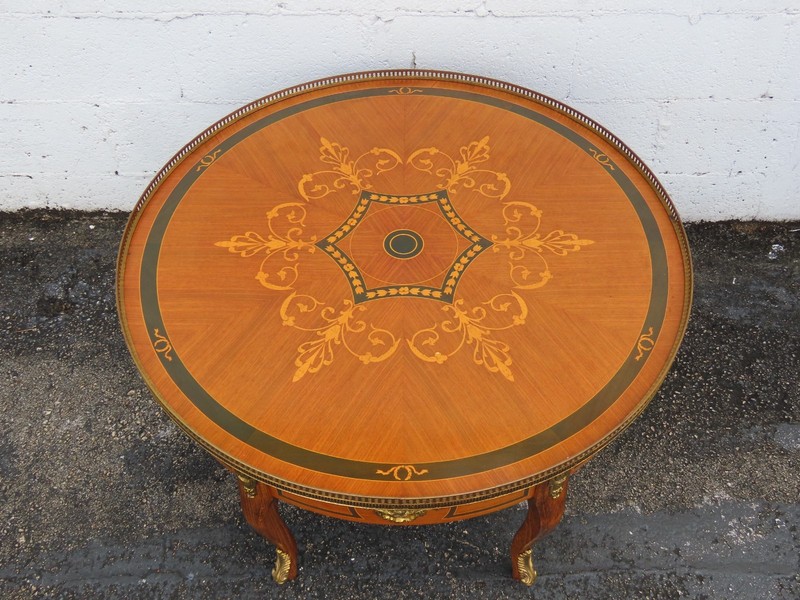 French Inlay Round Coffee Table with Brass Apron 6349 gallery
