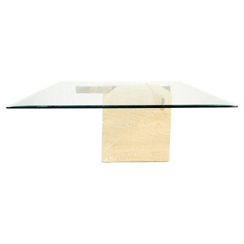 Travertine Cube Base Square Glass Top Italian Mid-Century Modern Coffee Table
