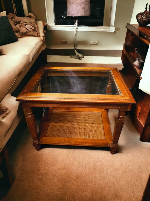 Vintage Mid Century Modern Wood & Cane Glass Square 2-Tier End Table