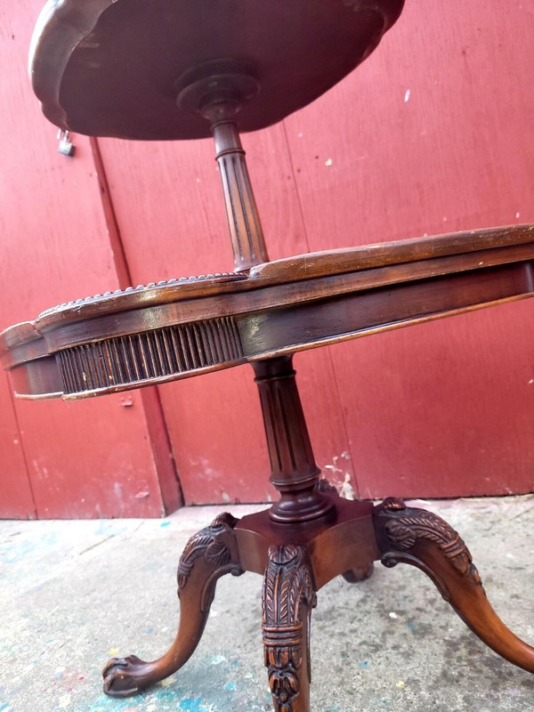 Antique  two tier occasional  table with  beautiful  carved wood gallery
