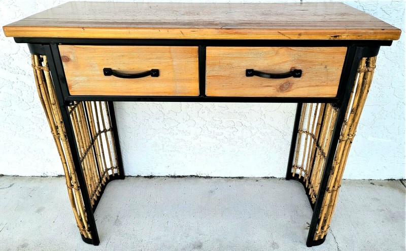 MCM Bamboo Rattan Wood and Wrought Iron 2 Drawer Console Sofa Table gallery