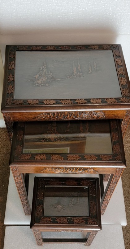 VINTAGE ASIAN HANDCARVED WOODEN S 3 NESTING TABLES 25x20x14 22x17x13 16x11x9 gallery