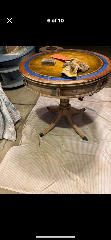 Vintage Distressed Drum Table with Leather Top Weathered Shabby Hall Side Table gallery