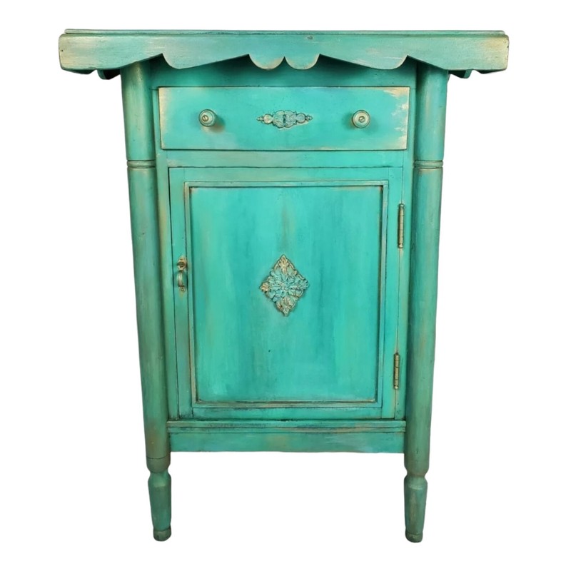 Vintage Boho Farmhouse Style Cabinet Glass Top Table Hand Painted Wood Primitive