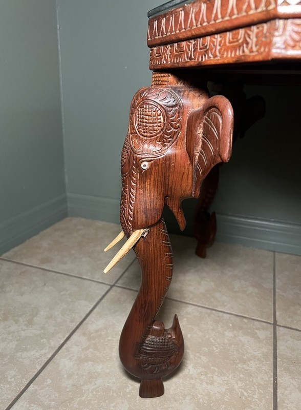 Mid 20th Century Anglo-Indian Carved Elephant Hardwood Octagon Table with Glass gallery